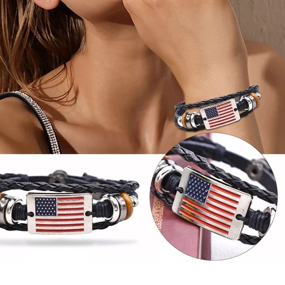 Vintage American Flag Snap Buckle Braided Leather Bracelet Red White Blue SALE - Picture 5 of 14